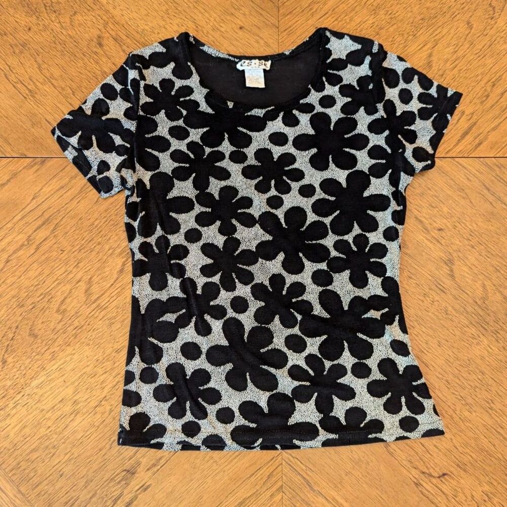 Vintage Y2K Es-se Black Daisy Floral Baby Tee Top Size M